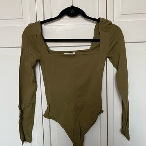 Babaton Square Neck Long Sleeve Bodysuit - Olive Green